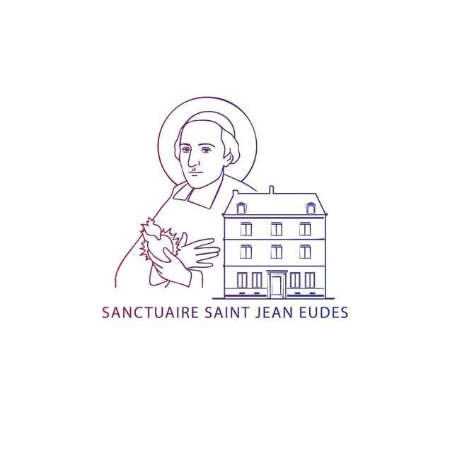 Emblème du Sanctuaire Saint Jean Eudes : le saint, un cœur et la maison de Caen